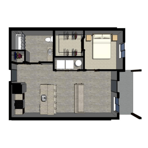 Floor plan for 1 bed, 1 bath, 618 sqft